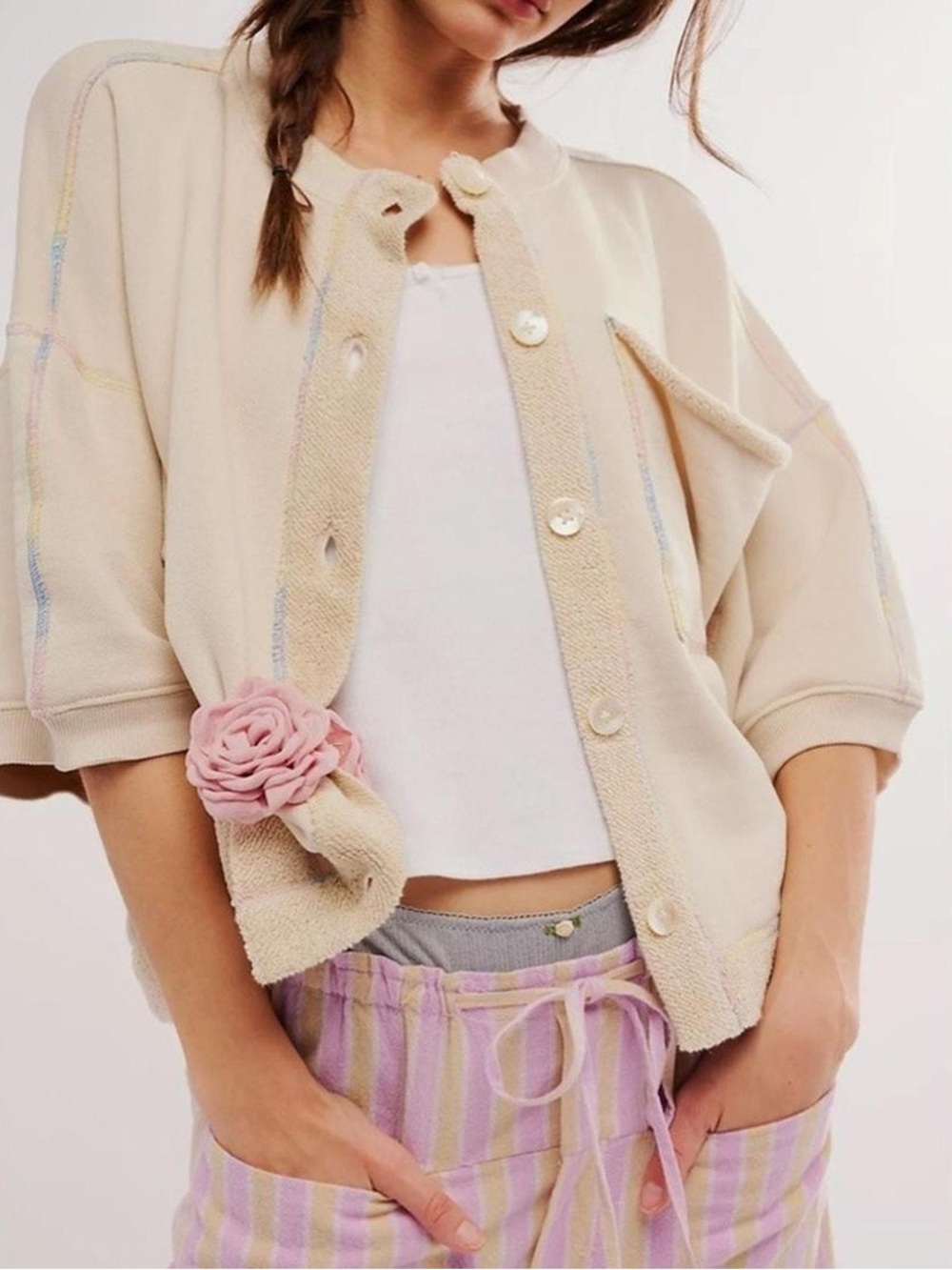 Free People Matilda Short Sleeve Cardigan Sweatshirt Cream